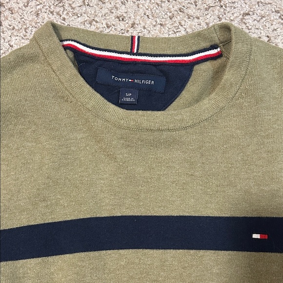 Tommy Hilfiger Men's Olive and Navy Striped Crewneck Sweater - Picture 2 of 6